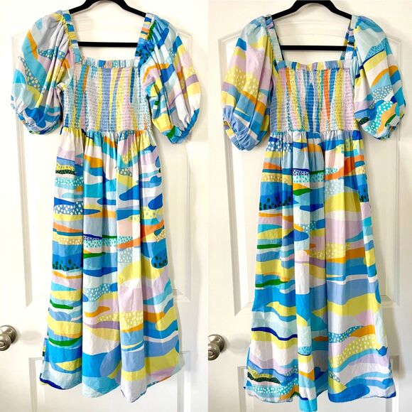 Jessie Zhao Landscape Smocked Cotton Silk Midi Dress Size S (Orig. $178) - Picture 2 of 8